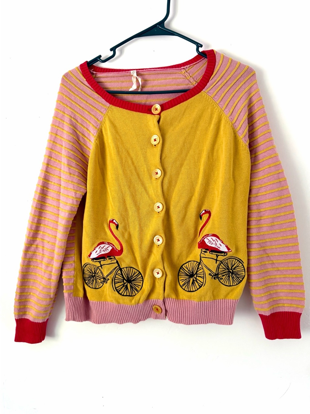 Women’s Yellow & Pink Flamingo Bicycle Cardigan Sweater 100% cotton